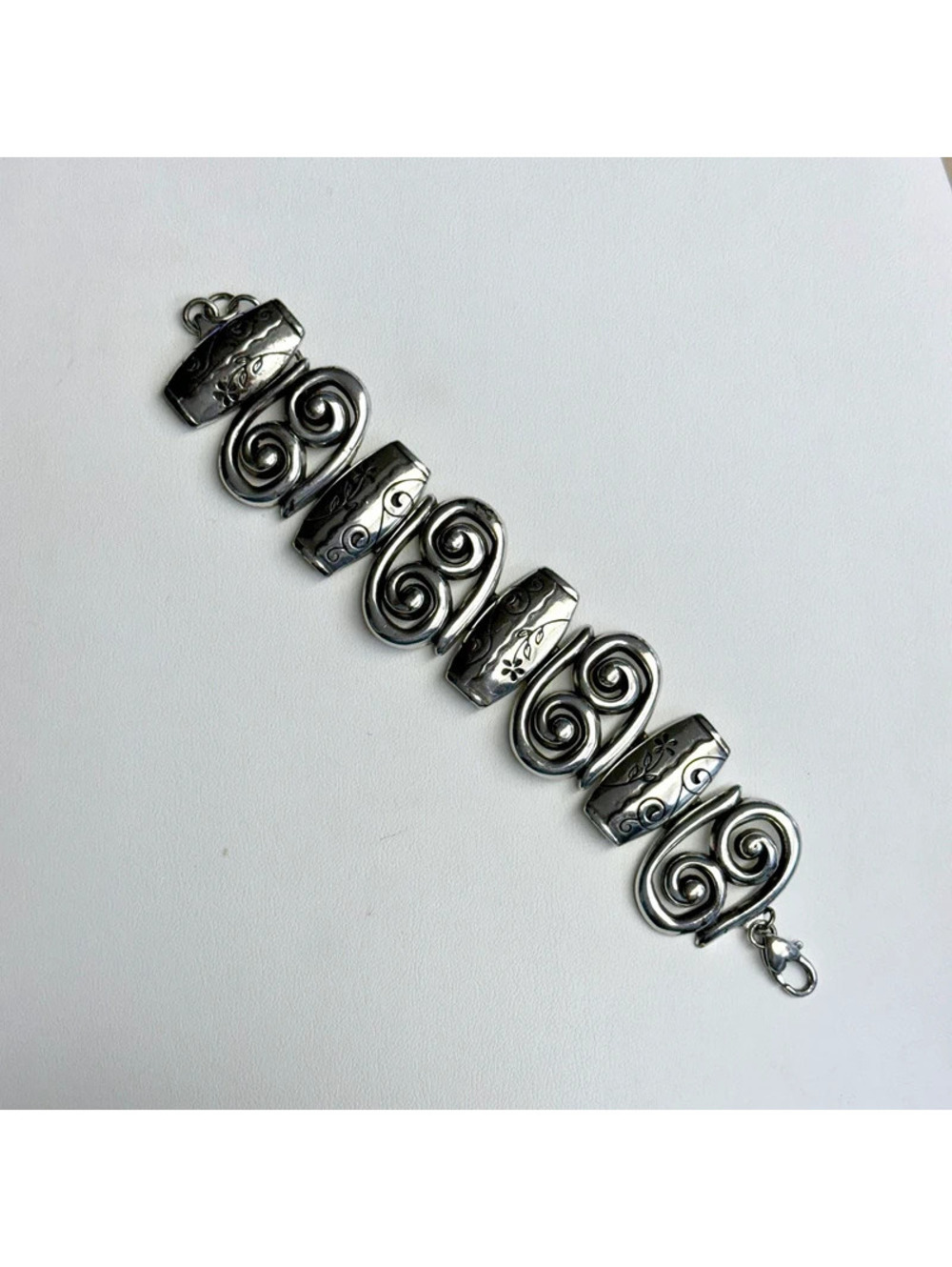 Brighton Pablo's Passion Wide Silvertone Link Bracelet Floral Swirl